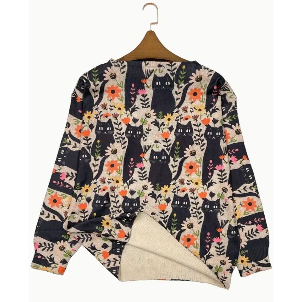NWT Spooky Frolicking Black Cat Magic Lightweight Sweater Sizes M, L, XL - Picture 2 of 5